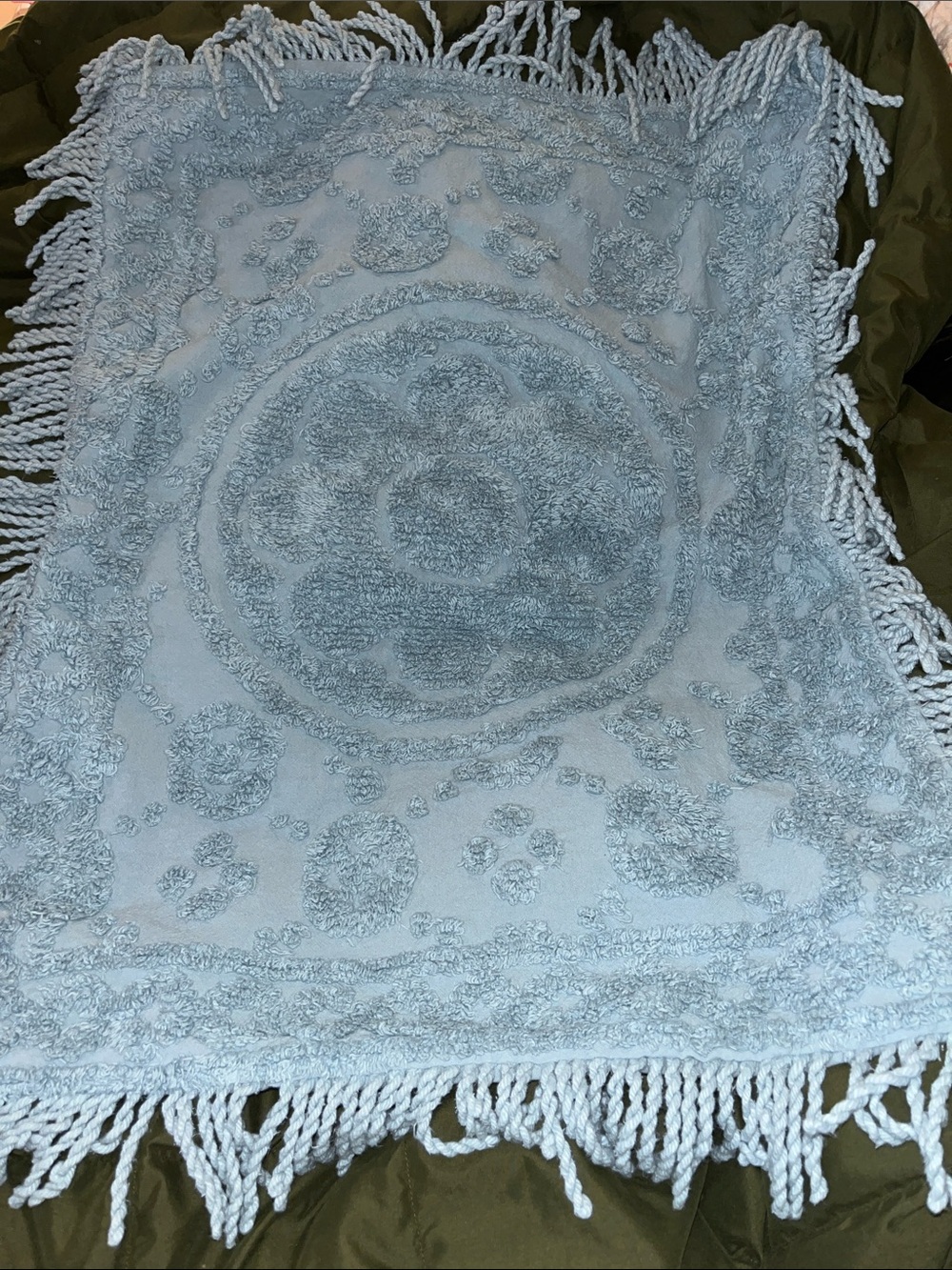 Light Blue Chenille Pillow Sham with Fringe ~ Blue Flower ~ 1 sham-100% cotton